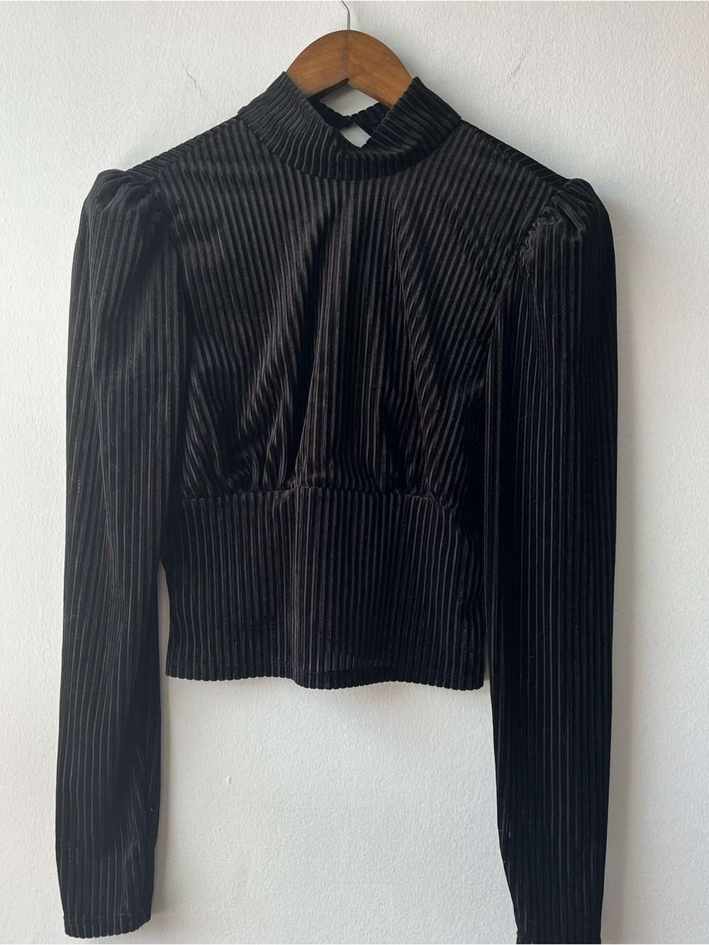 Forever 21 Black Velvet Ribbed High-Neck Long Sleeve Top